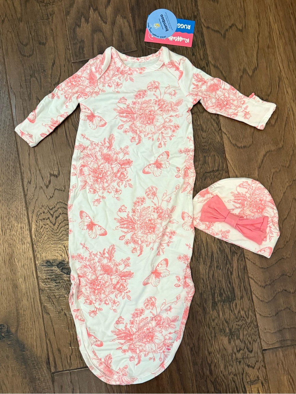 NWT Rufflebutts White & Pink Floral Butterfly Knotted Sleep Gown with Bow Hat NB